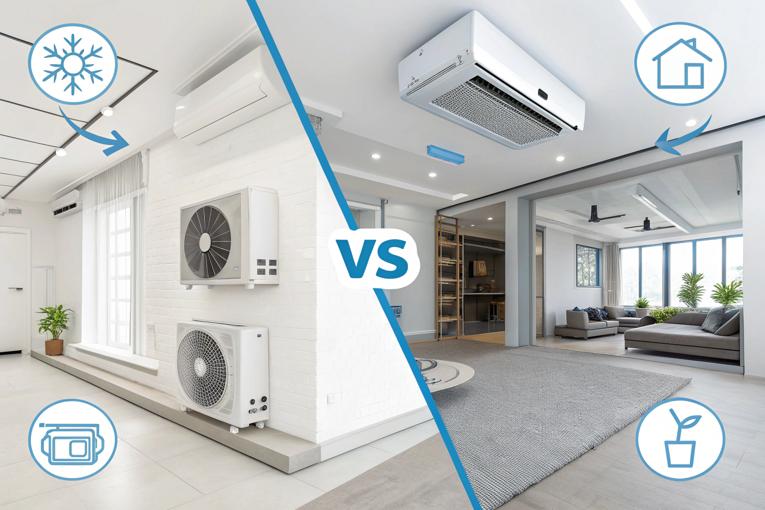 Split System versus Central Air An image comparing a split AC unit with central air ducts