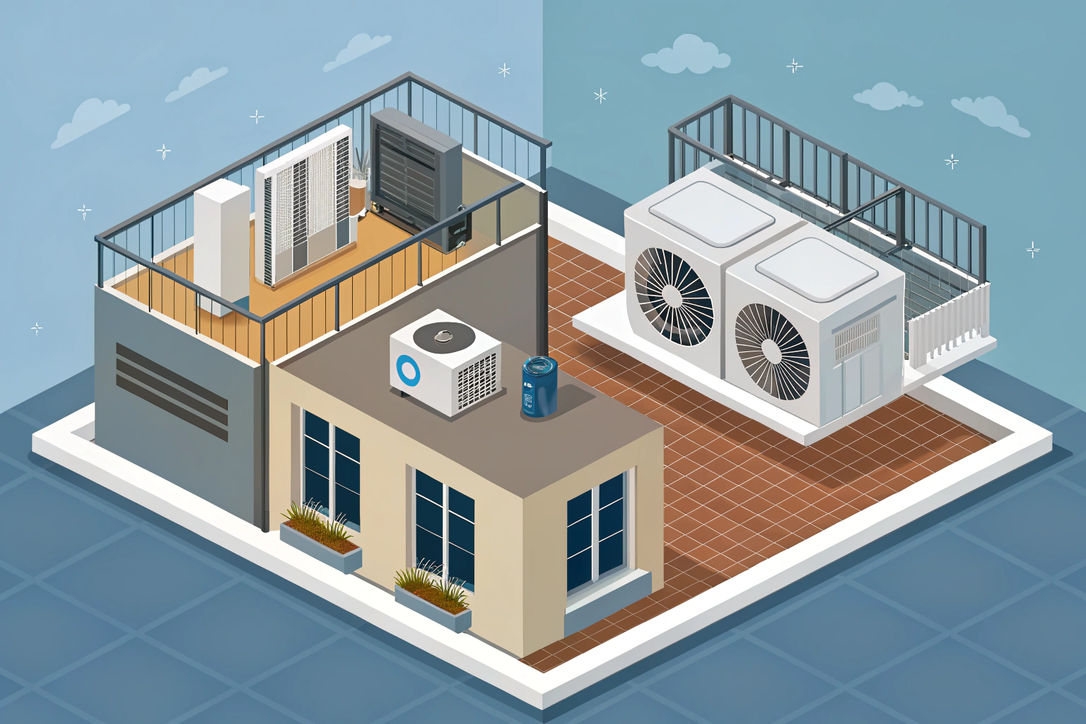 Split System versus Package Unit An image showing a split AC versus a rooftop package unit