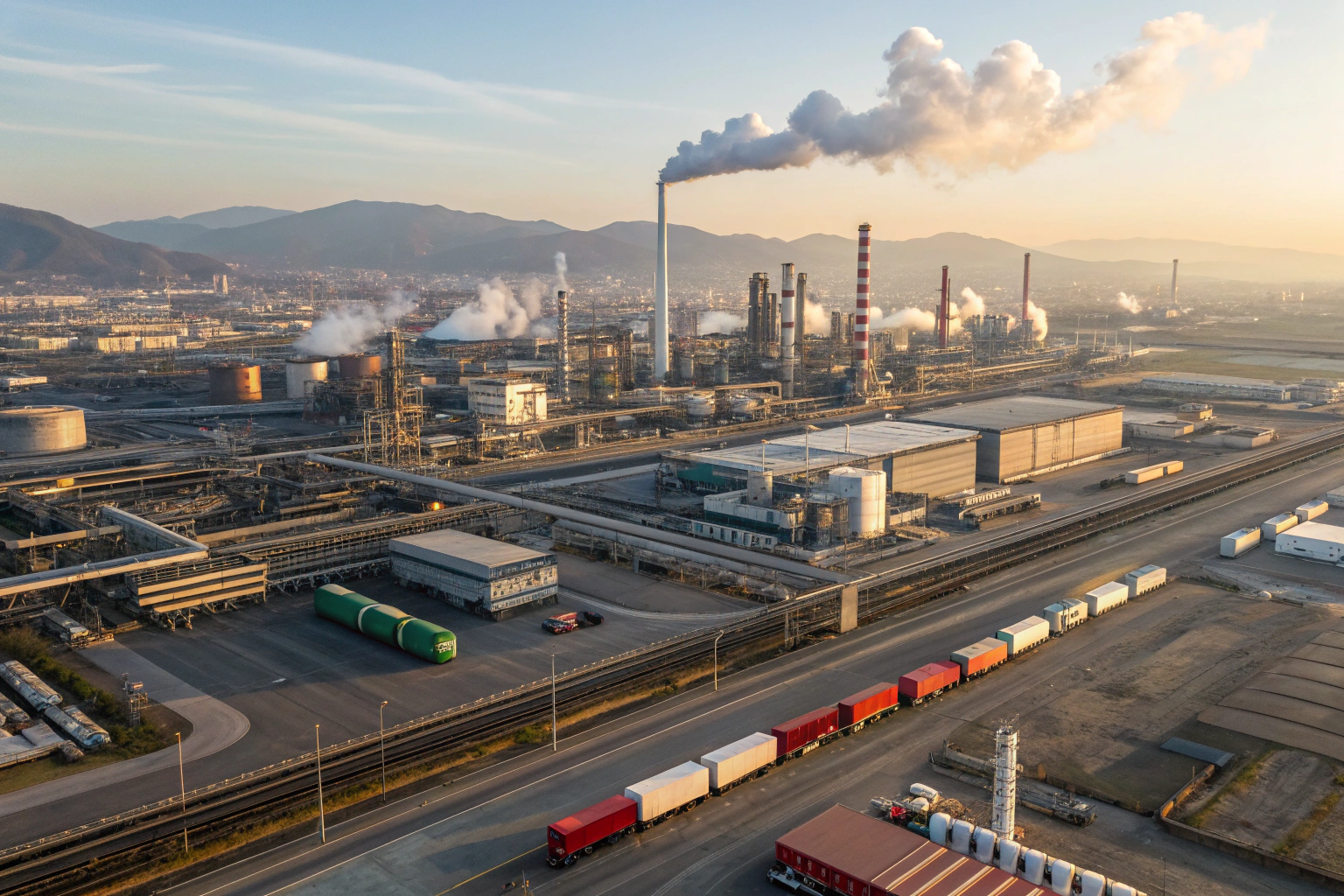 An aerial view of a massive manufacturing campus