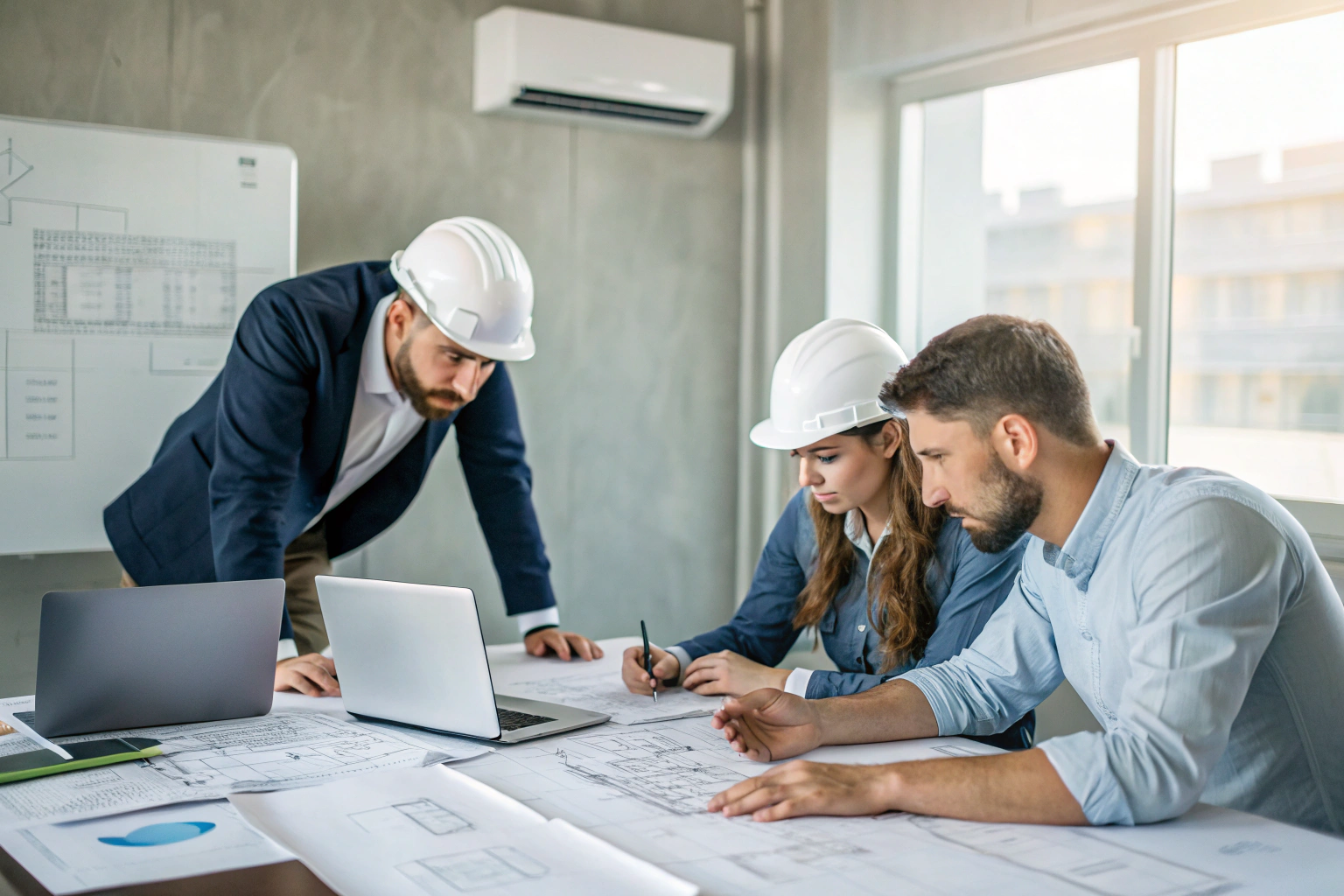 Choosing the right air conditioner contractor A team of engineers reviewing air conditioner blueprints