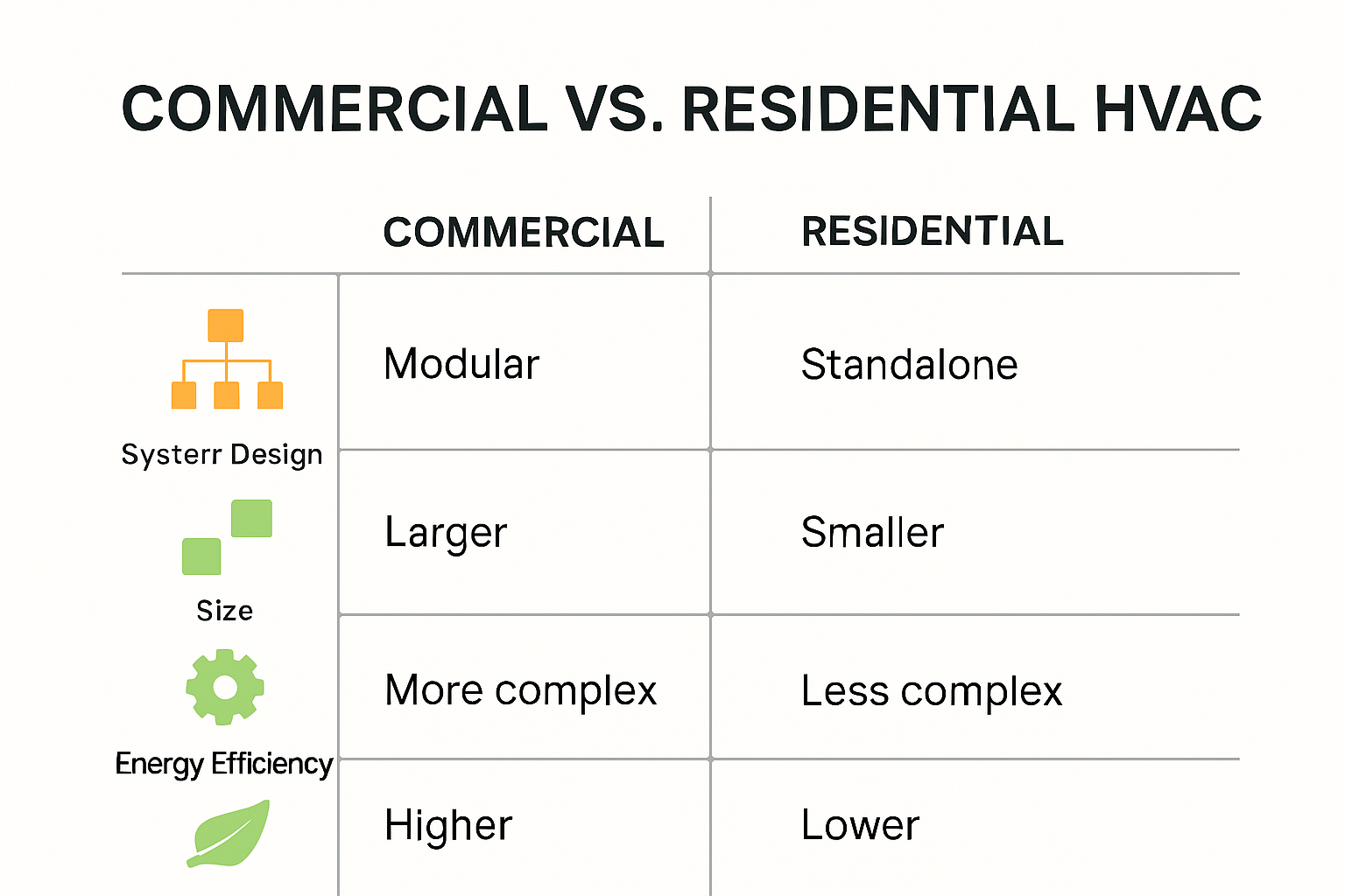 Technical Differences Between Residential and Light Commercial ACs Comparison chart of residential vs light commercial AC specifications