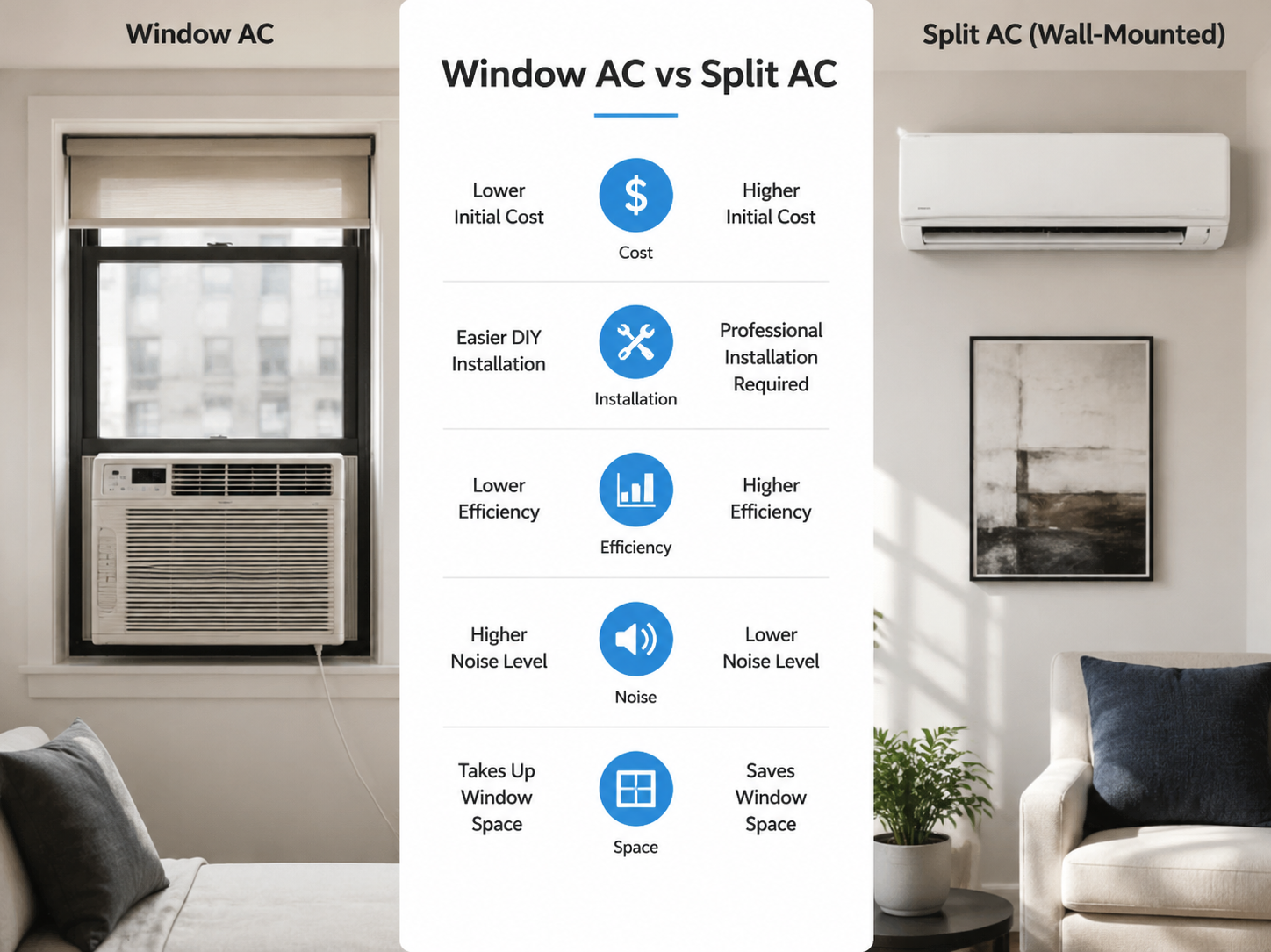 5 key factors comparing window AC and split AC: cost, installation, efficiency, noise, space