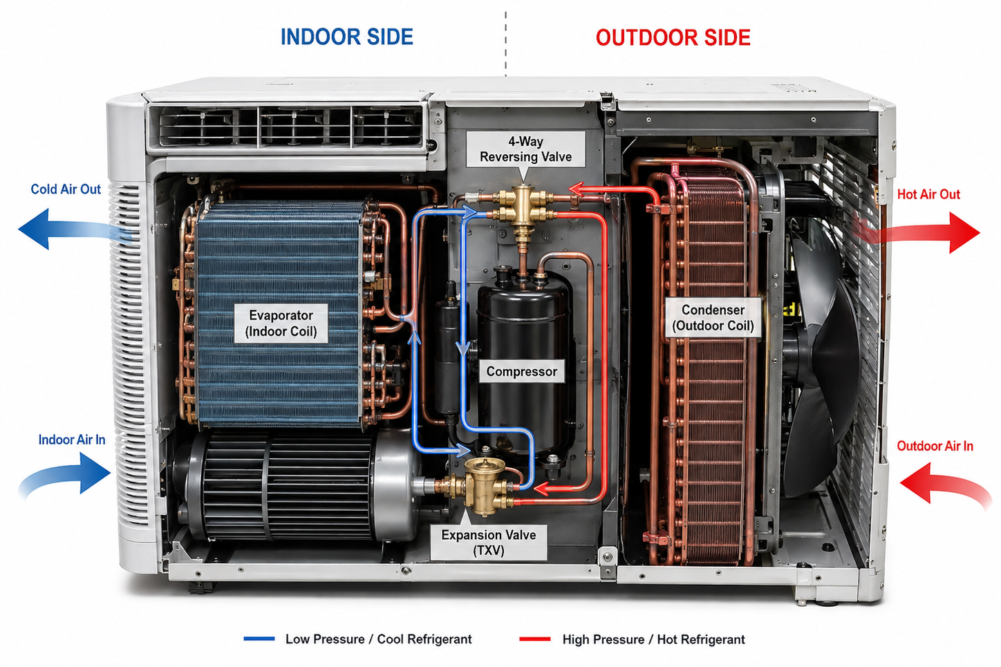 how does a window AC with heat work diagram showing how a window AC with heat reverse cycle works