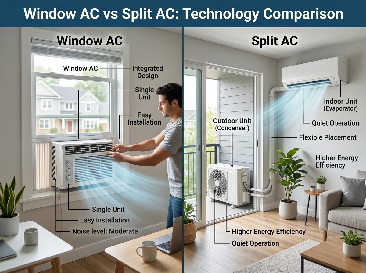 Cooling and heating technology differences between window AC with heat pump and split system
