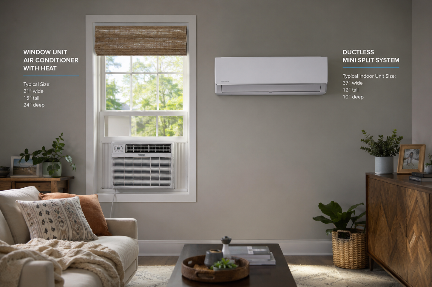 window unit AC with heat vs split system window unit AC with heat next to a split system for comparison