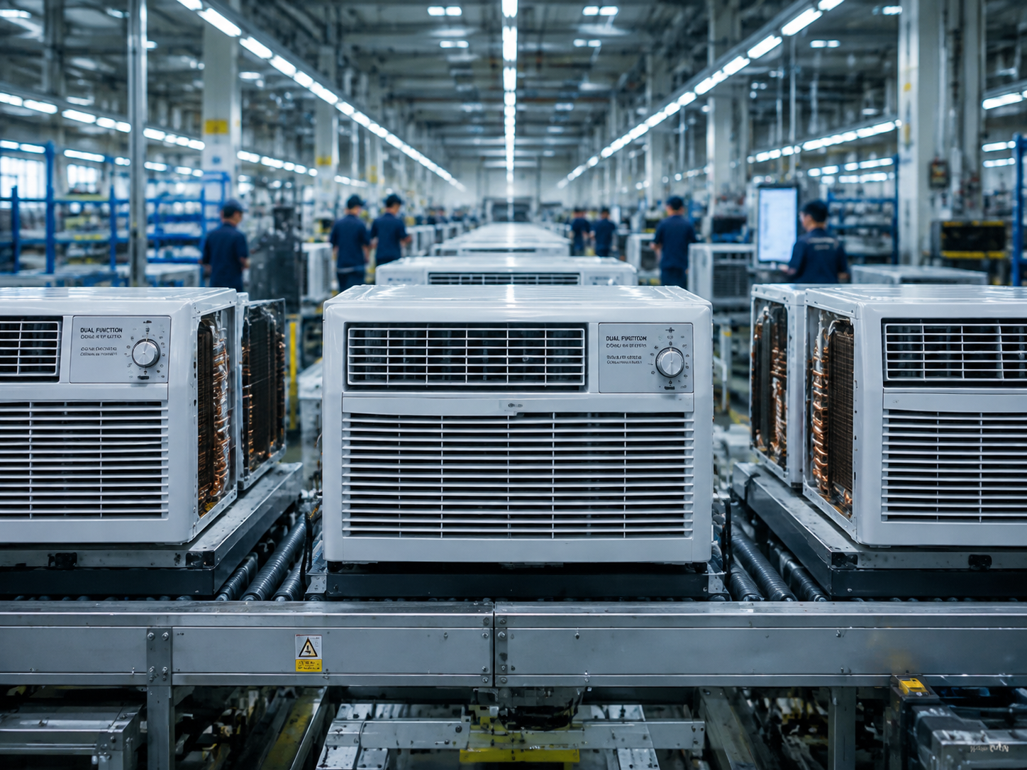 Wholesale dual-function window air conditioners with heaters on a factory line
